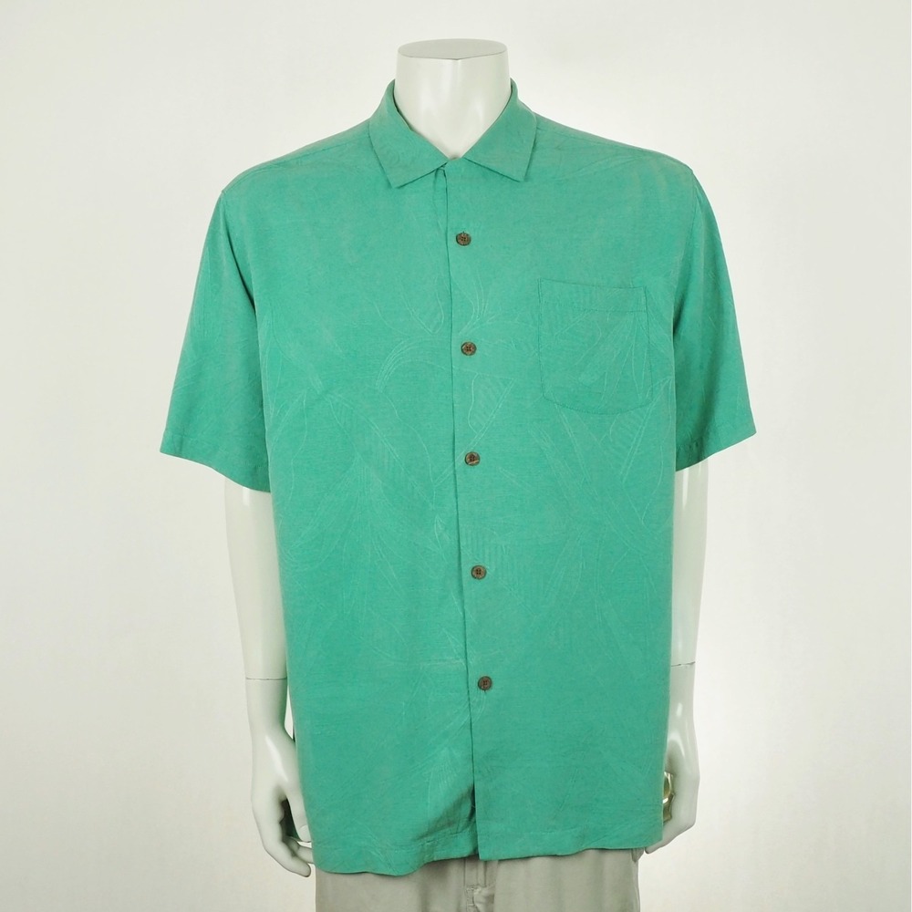 Tommy Bahama 100% Silk Hawaiian Shirt Mens Large Green Floral Jacquard Tropical